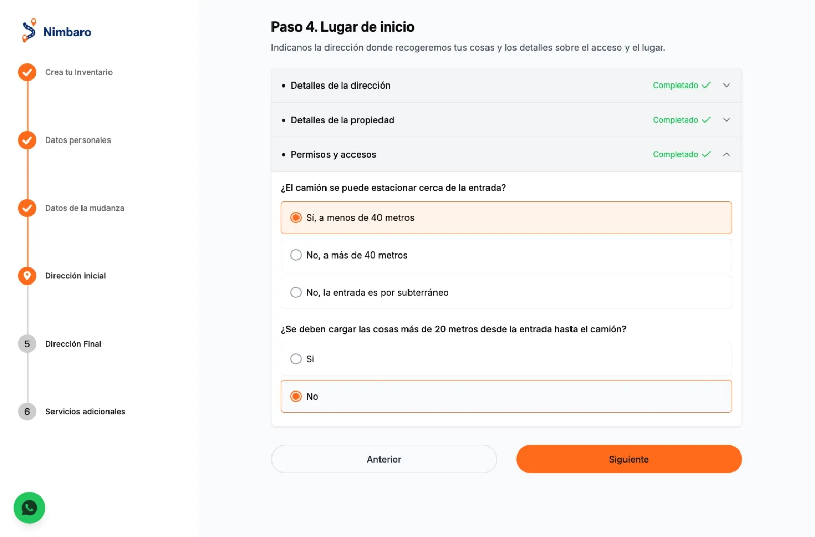 Paso del cotizador que pregunta por los permisos y accesos de la dirección: si el camión se puede estacionar cerca de la entrada y si hay que acarrear más de 20 metros