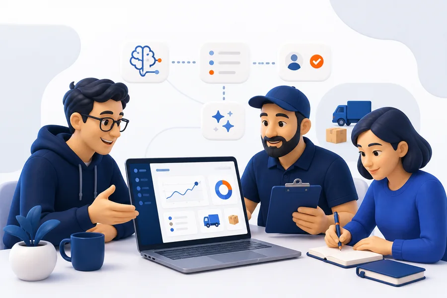 Equipo de software, especialista en mudanzas y redactora colaborando en Nimbaro